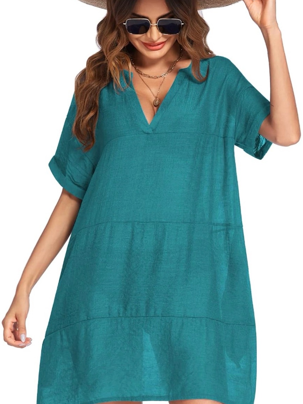 Women's Teal V-Neck Swim Cover-Up Dress